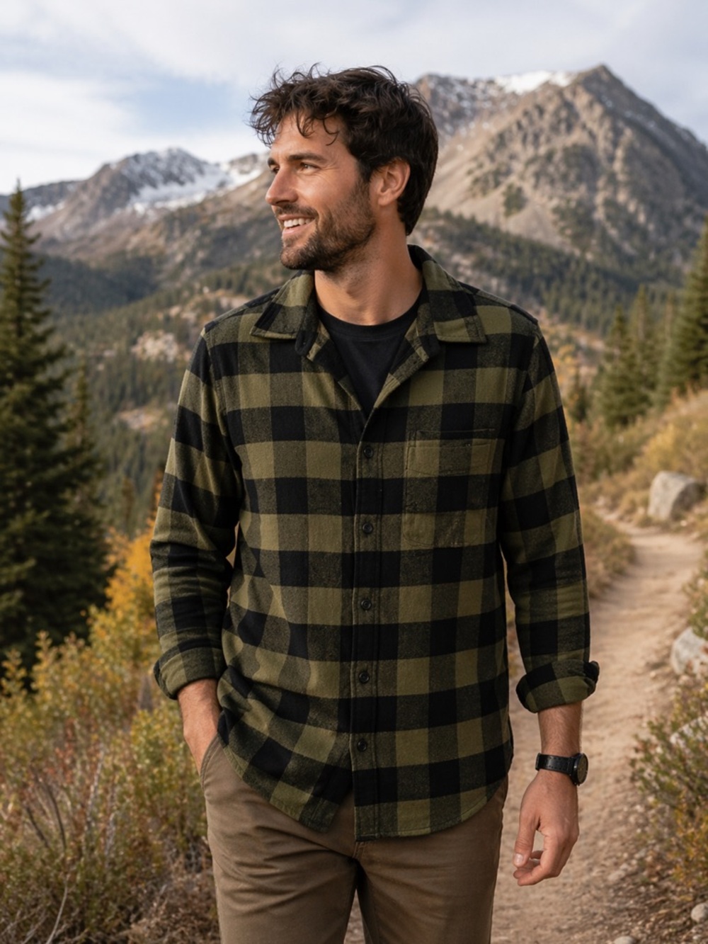 Amnesia Green Black Buffalo Plaid Flannel Shirt Men’s Medium Outdoor Hiking